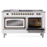 ILVE UN60FSNMPWHBLP Nostalgie II Noblesse 60 inch Dual Fuel Range (7 Sealed Burners + Griddle + French Top, Liquid Propane, Triple Glass Door, White, Burnished)
