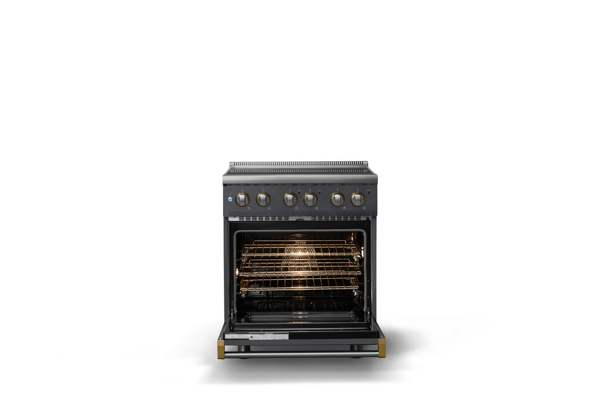30"W. Electric Range (Finish: Cast Black, Trim: Brushed Brass)