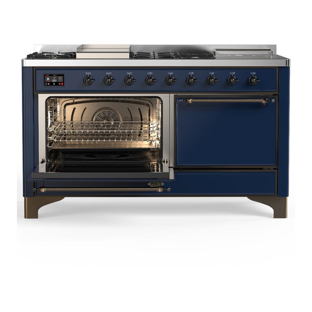 ILVE UM60FSQNR3MBB Majestic III 60 inch Dual Fuel Range with 7 Burners, Griddle and French Top, Dual Function Burner with up to 25,000 BTU (Natural Gas, Solid Door, Midnight Blue, Burnished)