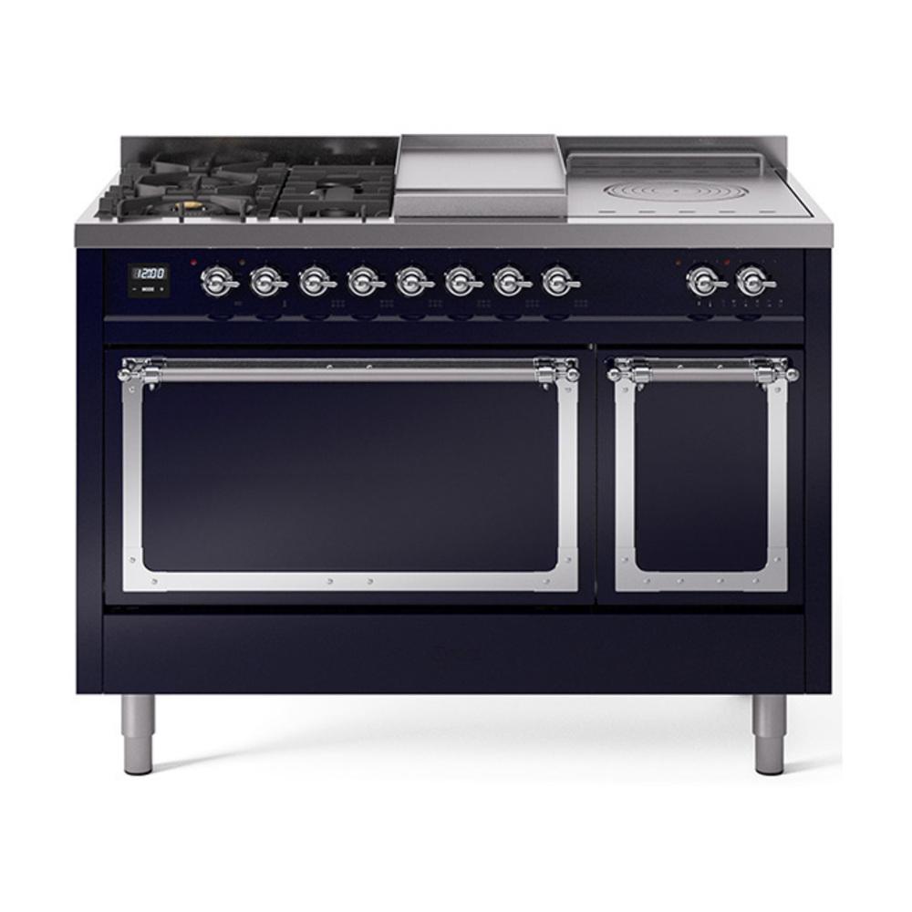 ILVE UN48FSQNMPMBC Nostalgie II Noblesse 48 inch Dual Fuel Range (5 Sealed Burners + Griddle + French Top, Natural Gas, Solid Door, Midnight Blue, Chrome)