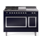 ILVE UN48FSQNMPMBC Nostalgie II Noblesse 48 inch Dual Fuel Range (5 Sealed Burners + Griddle + French Top, Natural Gas, Solid Door, Midnight Blue, Chrome)