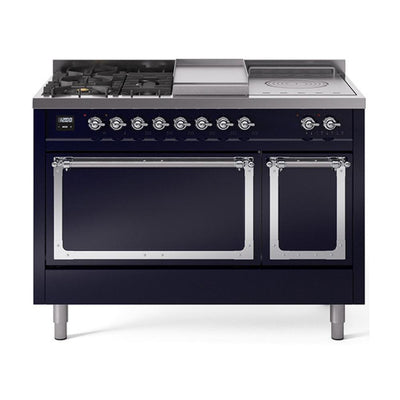 ILVE UN48FSQNMPMBC Nostalgie II Noblesse 48 inch Dual Fuel Range (5 Sealed Burners + Griddle + French Top, Natural Gas, Solid Door, Midnight Blue, Chrome)