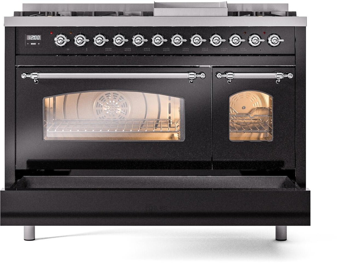 Nostalgie II 48 Inch Dual Fuel Natural Gas Freestanding Range in Glossy Black with Chrome Trim