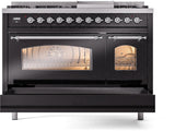 Nostalgie II 48 Inch Dual Fuel Natural Gas Freestanding Range in Glossy Black with Chrome Trim
