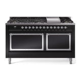 ILVE UN60FQNMPBKCLP Nostalgie II Noblesse 60 inch Dual Fuel Range (9 Sealed Burners + Griddle, Liquid Propane, Solid Door, Glossy Black, Chrome)