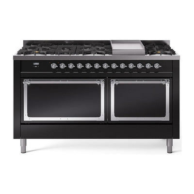 ILVE UN60FQNMPBKCLP Nostalgie II Noblesse 60 inch Dual Fuel Range (9 Sealed Burners + Griddle, Liquid Propane, Solid Door, Glossy Black, Chrome)