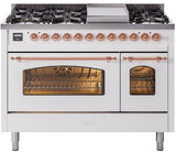 Nostalgie II 48 Inch Dual Fuel Natural Gas Freestanding Range in White with Copper Trim