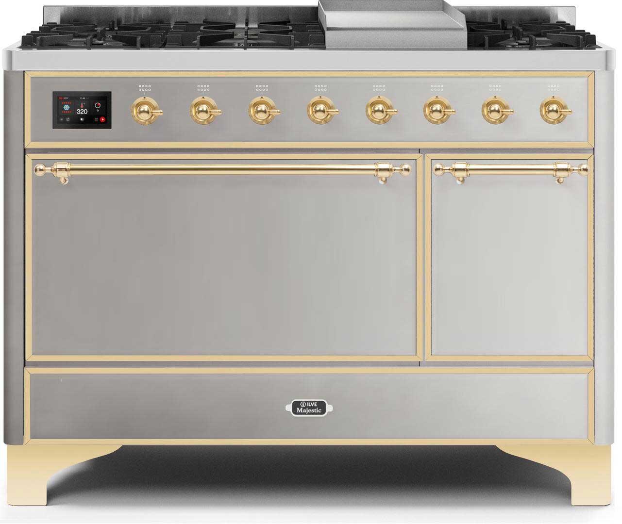 Majestic II 48 Inch Dual Fuel Liquid Propane Freestanding Range in Stainless Steel with Brass Trim
