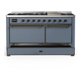 ILVE UM60FQNR3BGBLP Majestic III 60 inch Dual Fuel Range with 9 Burners and Griddle, Dual Function Burner up to 25,000 BTU (Liquid Propane, Solid Door, Blue Grey, Burnished)