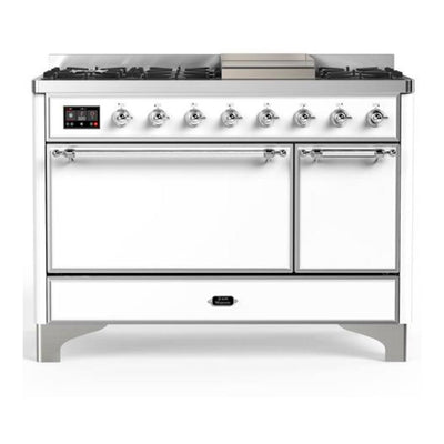 ILVE UM48FQNR3WHC Majestic III 48 inch Dual Fuel Range with 8 Burners and Griddle, Dual Function Burner up to 25,000 BTU (Natural Gas, Solid Door, White, Chrome)