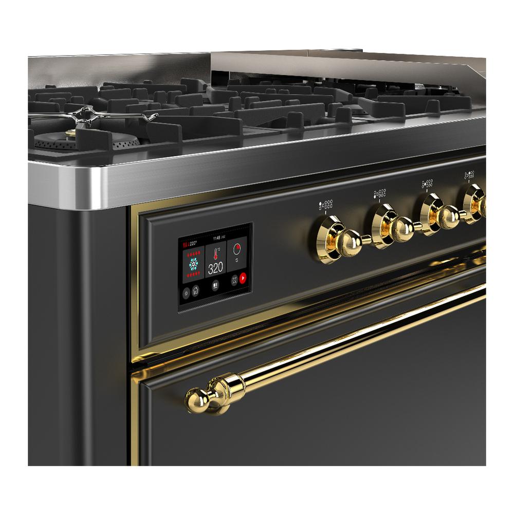ILVE UM60FQNR3MGGLP Majestic III 60 inch Dual Fuel Range with 9 Burners and Griddle, Dual Function Burner up to 25,000 BTU (Liquid Propane, Solid Door, Graphite Matte, Brass)