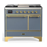 ILVE UMD40FQNR3BGGLP Majestic III 40 inch Dual Fuel Range with 6 Burners and Griddle, Dual Function Burner up to 25,000 BTU (Liquid Propane, Solid Door, Blue Grey, Brass)