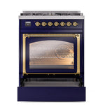 ILVE UN30NMPMBGLP Nostalgie II Noblesse 30 inch Dual Fuel Range (Liquid Propane, Triple Glass Door, Midnight Blue, Brass)
