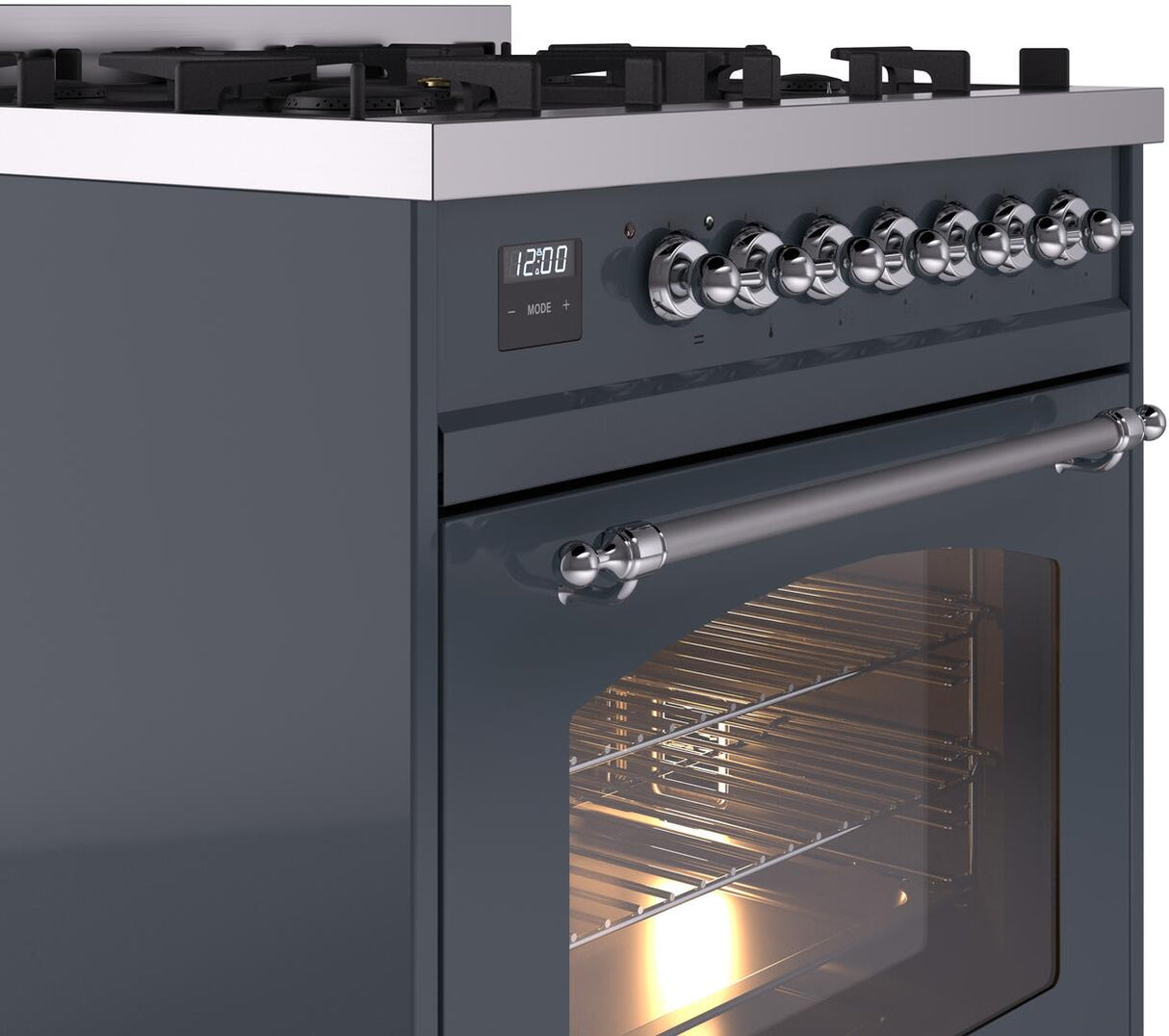 Nostalgie II 30 Inch Dual Fuel Natural Gas Freestanding Range in Blue Grey with Chrome Trim