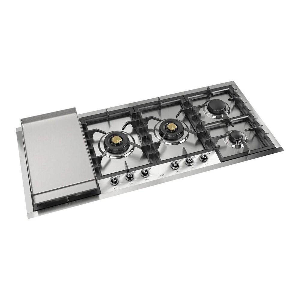 ILVE UHCPT125FNSSCLP Nostalgie II 48 inch Built-In Gas Cooktop with Total Black Brass Burners, in Stainless Steel (6 Sealed Burners + Left Griddle, Liquid Propane, Chrome)