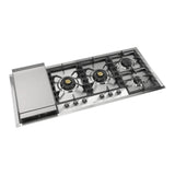 ILVE UHCPT125FNSSCLP Nostalgie II 48 inch Built-In Gas Cooktop with Total Black Brass Burners, in Stainless Steel (6 Sealed Burners + Left Griddle, Liquid Propane, Chrome)