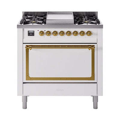 ILVE UN36FQNMPWHGLP Nostalgie II Noblesse 36 inch Dual Fuel Range (Liquid Propane, Solid Door, White, Brass)