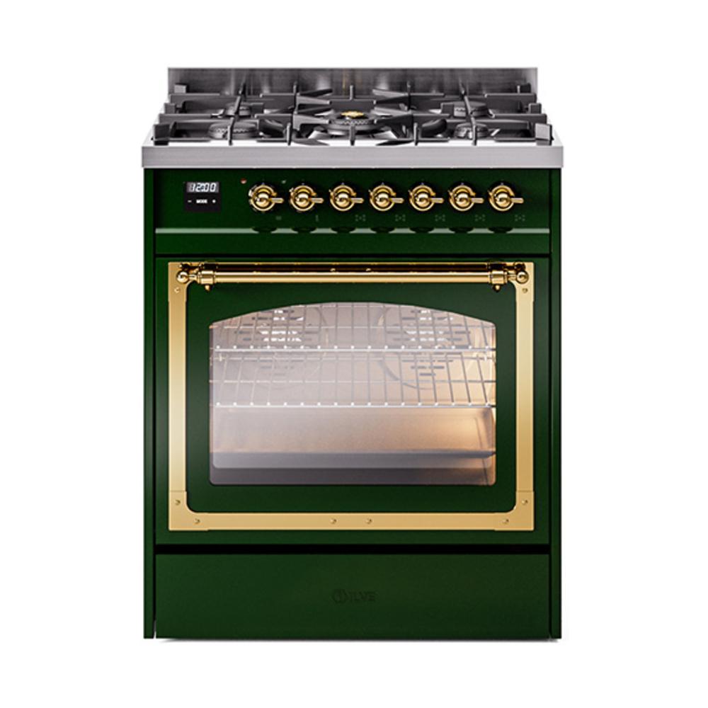 ILVE UN30NMPEGGLP Nostalgie II Noblesse 30 inch Dual Fuel Range (Liquid Propane, Triple Glass Door, Emerald Green, Brass)
