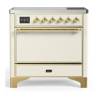 ILVE UMIB36QNR3AWG Majestic III 36 inch Induction Range with 6 Elements, 3.5 cu. ft. Total Oven Capacity (Solid Door, Antique White, Brass)