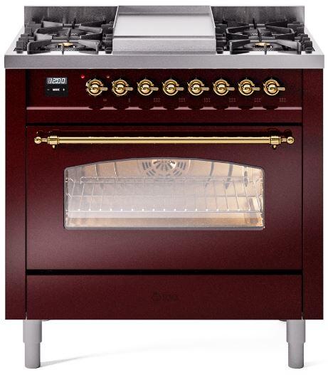 Nostalgie II 36 Inch Dual Fuel Natural Gas Freestanding Range in Burgundy with Brass Trim