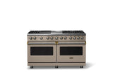 60"W.Dual Fuel Range (Finish: Nantucket, Trim: Brushed Brass, Fuel: Propane)