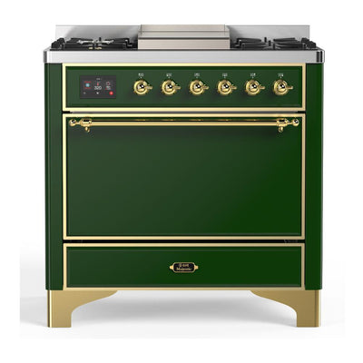 ILVE UM36FQNR3EGGLP Majestic III 36 inch Dual Fuel Range with 6 Black Brass Burners and Griddle, Dual Function Burner up to 25,000 BTU (Solid Door, Emerald Green, Brass, Liquid Propane)