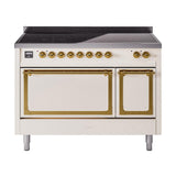 ILVE UNI486QNMPAWG Nostalgie II Noblesse 48 inch Induction Range (Solid Door, Antique White, Brass)