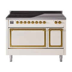 ILVE UNI486QNMPAWG Nostalgie II Noblesse 48 inch Induction Range (Solid Door, Antique White, Brass)