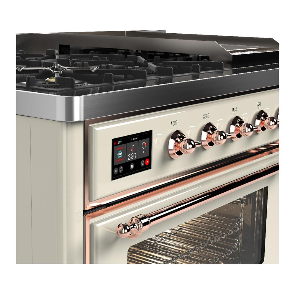 ILVE UM48FNR3AWPLP Majestic III 48 inch Dual Fuel Range with 8 Burners and Griddle, Dual Function Burner up to 25,000 BTU (Liquid Propane, Triple Glass Door, Antique White, Copper)