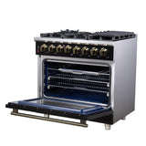 Forno Massimo 36 Inch Freestanding Dual Fuel Range in Black with Antique Brass Accessories, 6 Burners, 5.36 cu. ft. Convection Oven