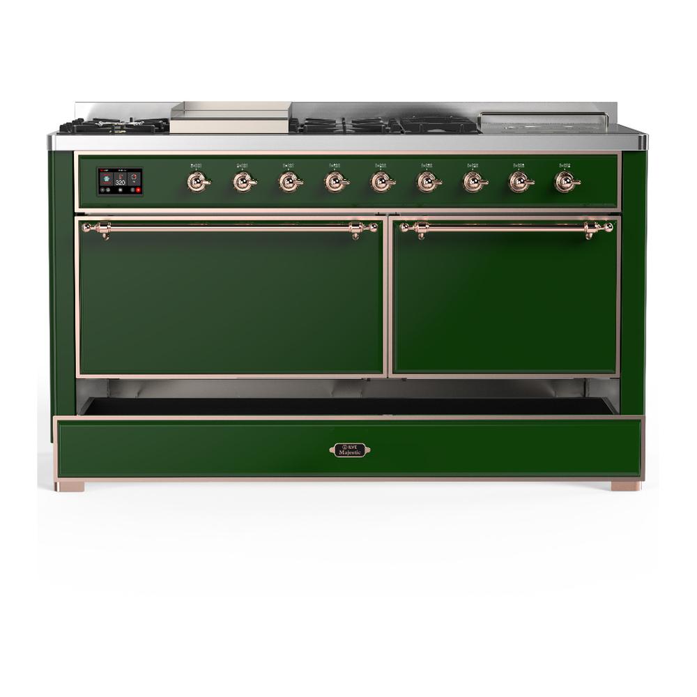 ILVE UM60FSQNR3EGP Majestic III 60 inch Dual Fuel Range with 7 Burners, Griddle and French Top, Dual Function Burner with up to 25,000 BTU (Natural Gas, Solid Door, Emerald Green, Copper)