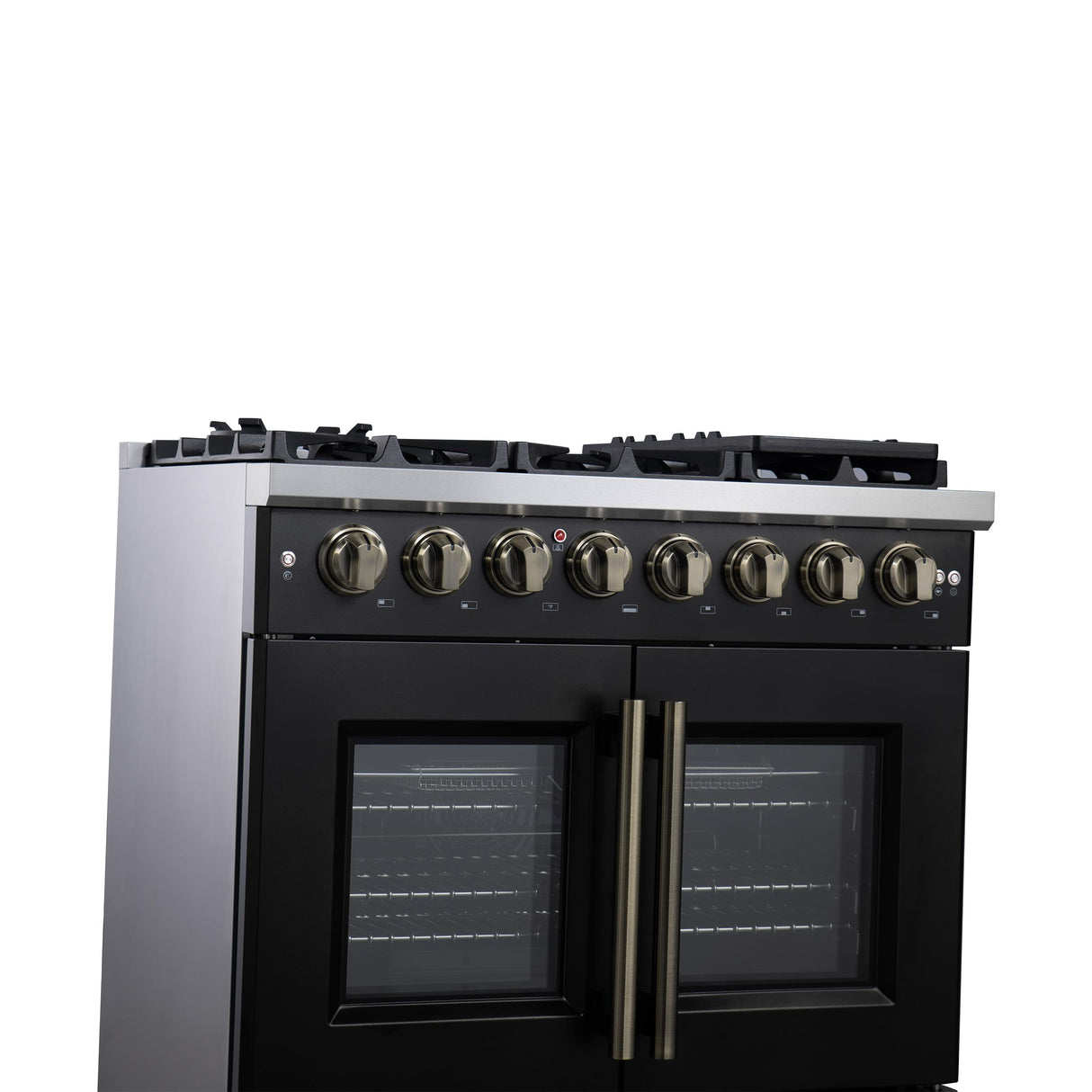 Forno Capriasca 36 Inch Freestanding French Door Dual Fuel Range in Black with Antique Brass Accessories, 6 Burners, True Convection Oven
