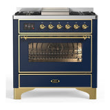 ILVE UM36FNR3MBGLP Majestic III 36 inch Dual Fuel Range with 6 Black Brass Burners and Griddle, Dual Function Burner up to 25,000 BTU (Triple Glass Door, Midnight Blue, Brass, Liquid Propane)