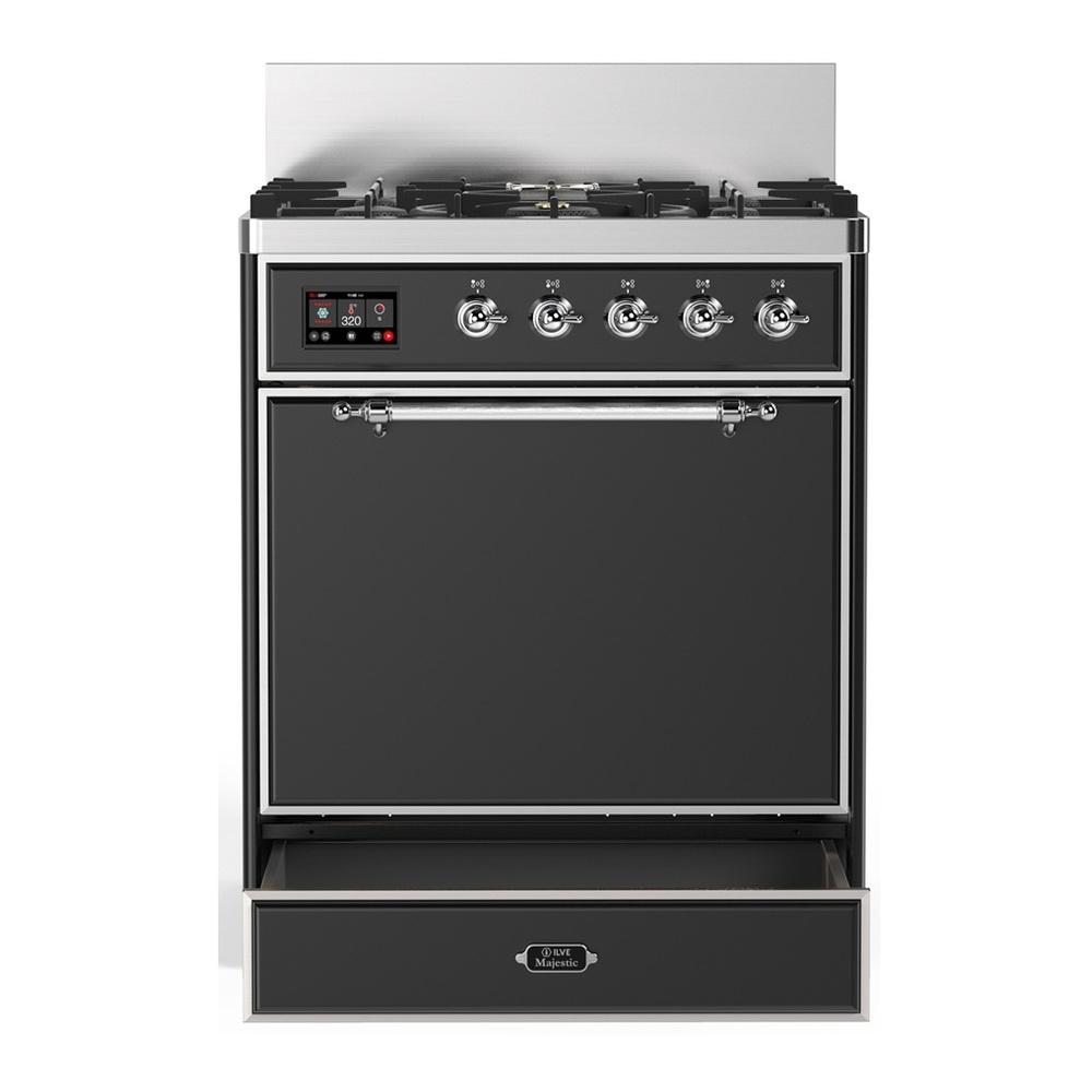 ILVE UM30QNR3MGC Majestic III 30 inch Dual Fuel Range with 5 Black Brass Burners, Dual Function Burner up to 25,000 BTU (Natural Gas, Solid Door, Graphite Matte, Chrome)