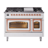 ILVE UN48FNMPWHPLP Nostalgie II Noblesse 48 inch Dual Fuel Range (8 Sealed Burners + Griddle, Liquid Propane, Triple Glass Door, White, Copper)