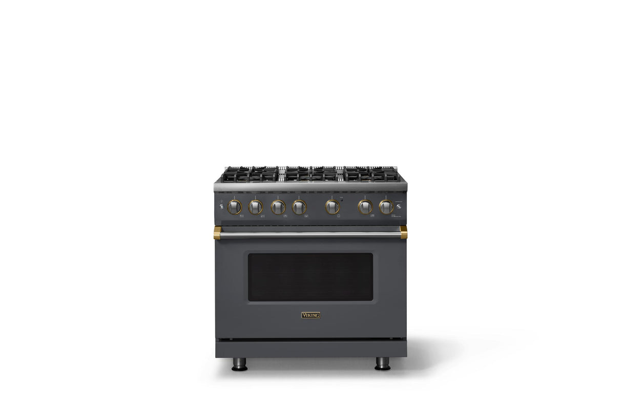 36"W. Sealed Burner Gas Range (Burner: 6b, Finish: Cast Black, Trim: Brushed Brass, Fuel: Propane)