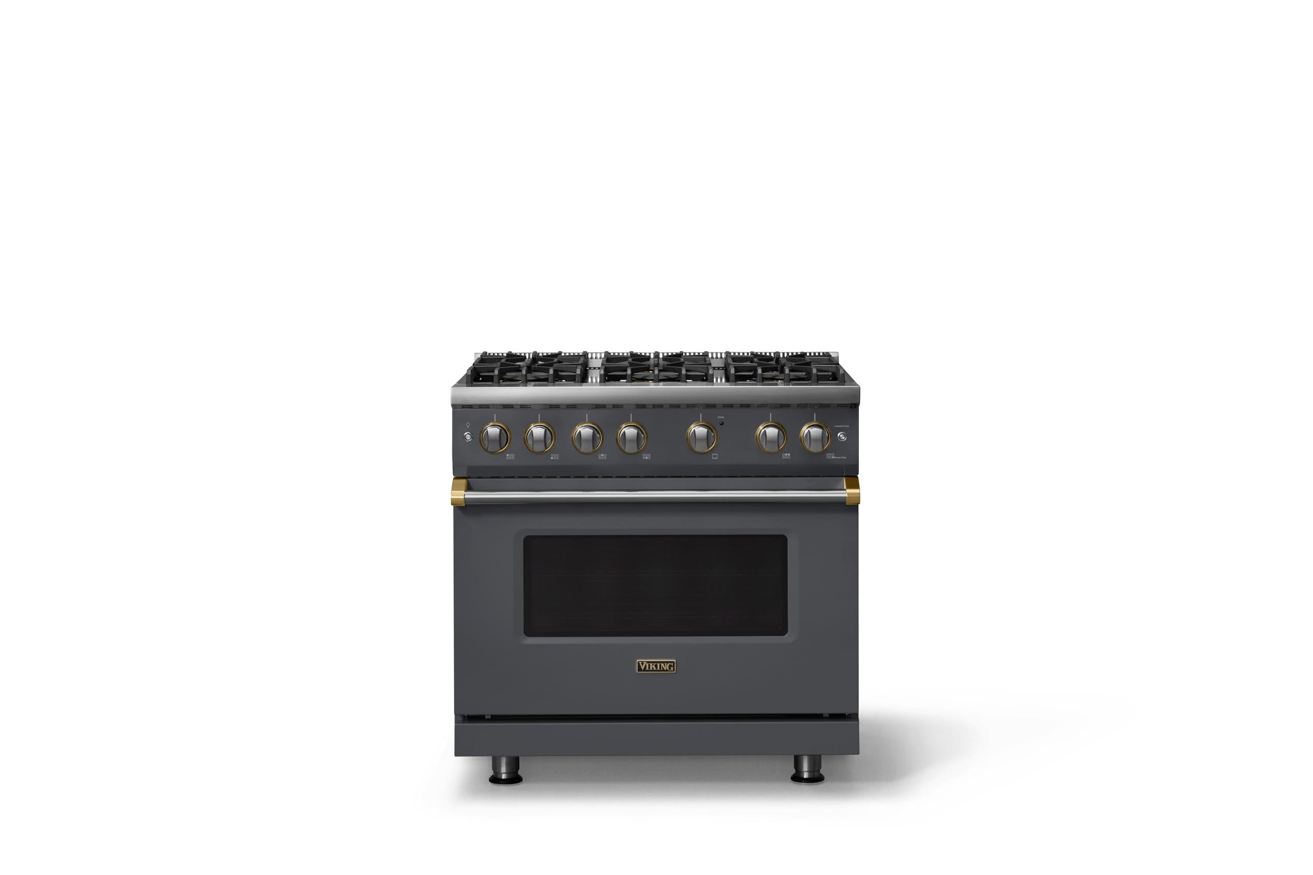 36"W. Sealed Burner Gas Range (Burner: 6b, Finish: Cast Black, Trim: Brushed Brass, Fuel: Propane)