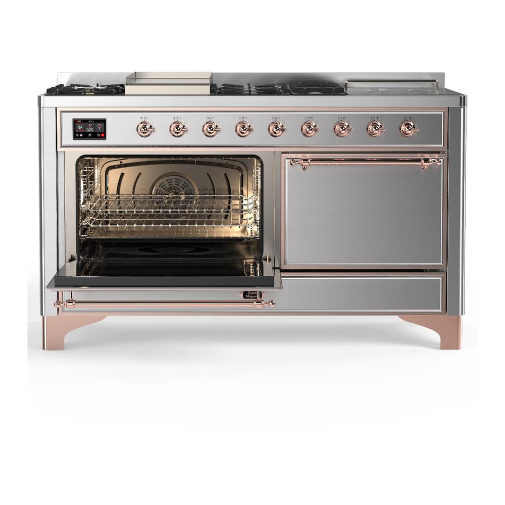 ILVE UM60FSQNR3SSPLP Majestic III 60 inch Dual Fuel Range with 7 Burners, Griddle and French Top, Dual Function Burner with up to 25,000 BTU (Liquid Propane, Solid Door, Stainless Steel, Copper)