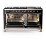 ILVE UM60FNR3BKP Majestic III 60 inch Dual Fuel Range with 9 Burners and Griddle, Dual Function Burner up to 25,000 BTU (Natural Gas, Triple Glass Door, Glossy Black, Copper)