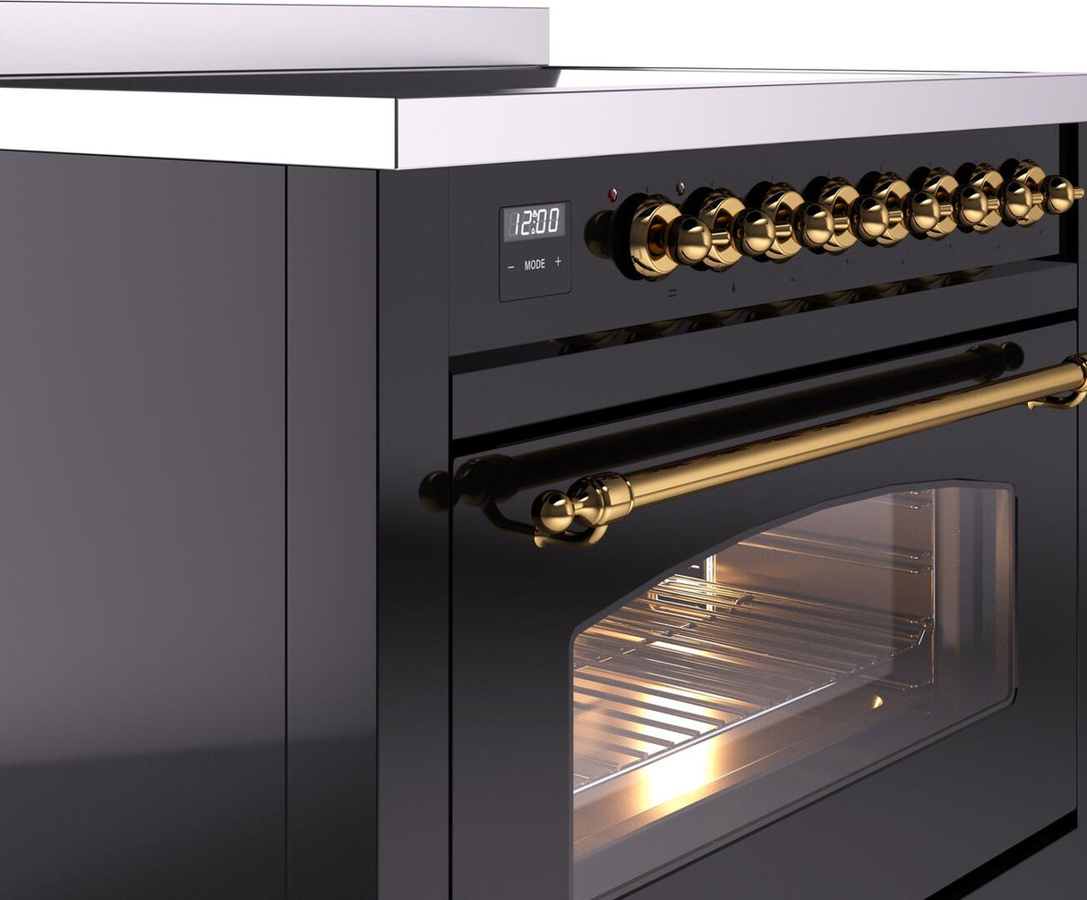Nostalgie II 36 Inch Electric Freestanding Range in Glossy Black with Brass Trim
