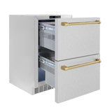 ZLINE Autograph Edition 24 in. Touchstone 168 Can Outdoor-Rated Dual Refrigerator Drawer with DuraSnow' Stainless Steel Doors and Champagne Bronze Handles (RDSOZ-SN-24-CB)