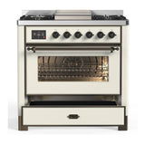 ILVE UM36FNR3AWB Majestic III 36 inch Dual Fuel Range with 6 Black Brass Burners and Griddle, Dual Function Burner up to 25,000 BTU (Triple Glass Door, Antique White, Burnished, Natural Gas)