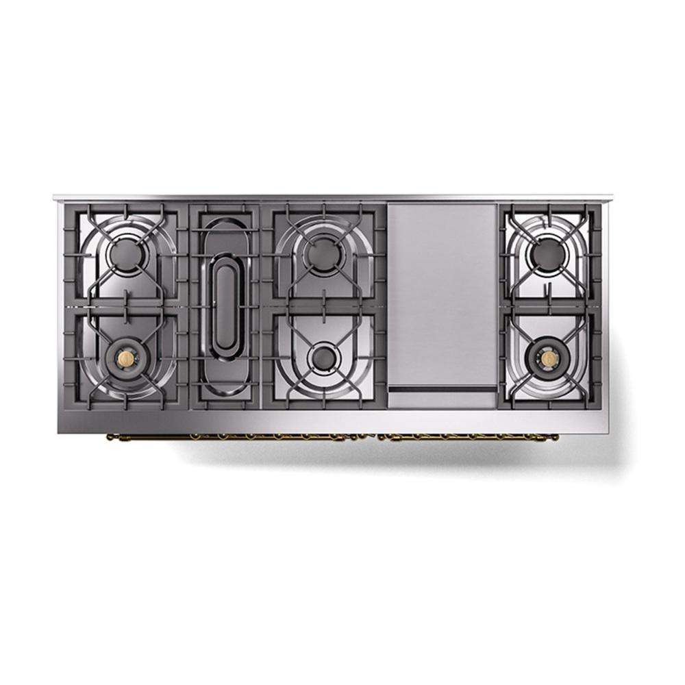 ILVE UN60FQNMPBGG Nostalgie II Noblesse 60 inch Dual Fuel Range (9 Sealed Burners + Griddle, Natural Gas, Solid Door, Blue Grey, Brass)