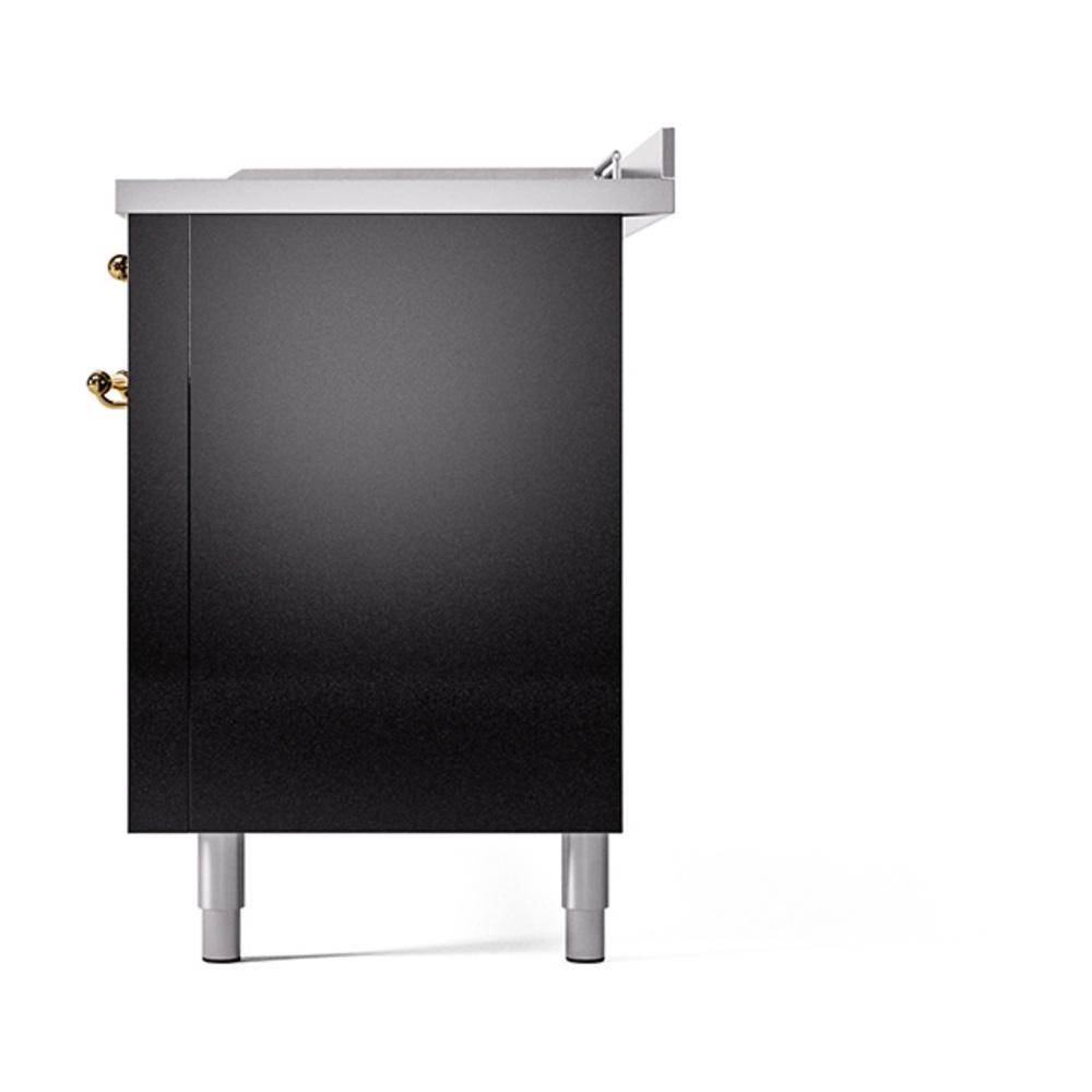ILVE UN60FSQNMPBKG Nostalgie II Noblesse 60 inch Dual Fuel Range (7 Sealed Burners + Griddle + French Top, Natural Gas, Solid Door, Glossy Black, Brass)