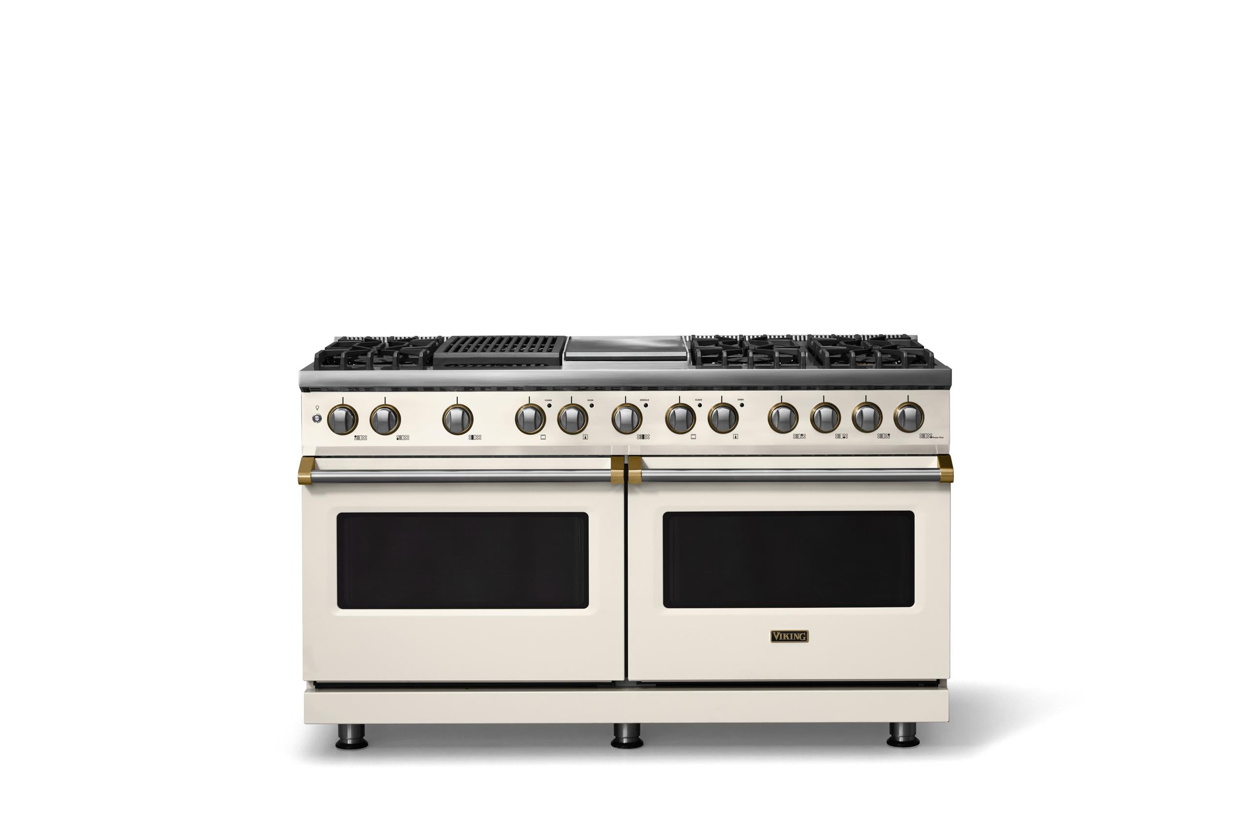 60"W.Dual Fuel Range (Finish: Pure White, Trim: Brushed Brass, Fuel: Natural Gas)