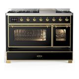 ILVE UM48FNR3BKGLP Majestic III 48 inch Dual Fuel Range with 8 Burners and Griddle, Dual Function Burner up to 25,000 BTU (Liquid Propane, Triple Glass Door, Glossy Black, Brass)