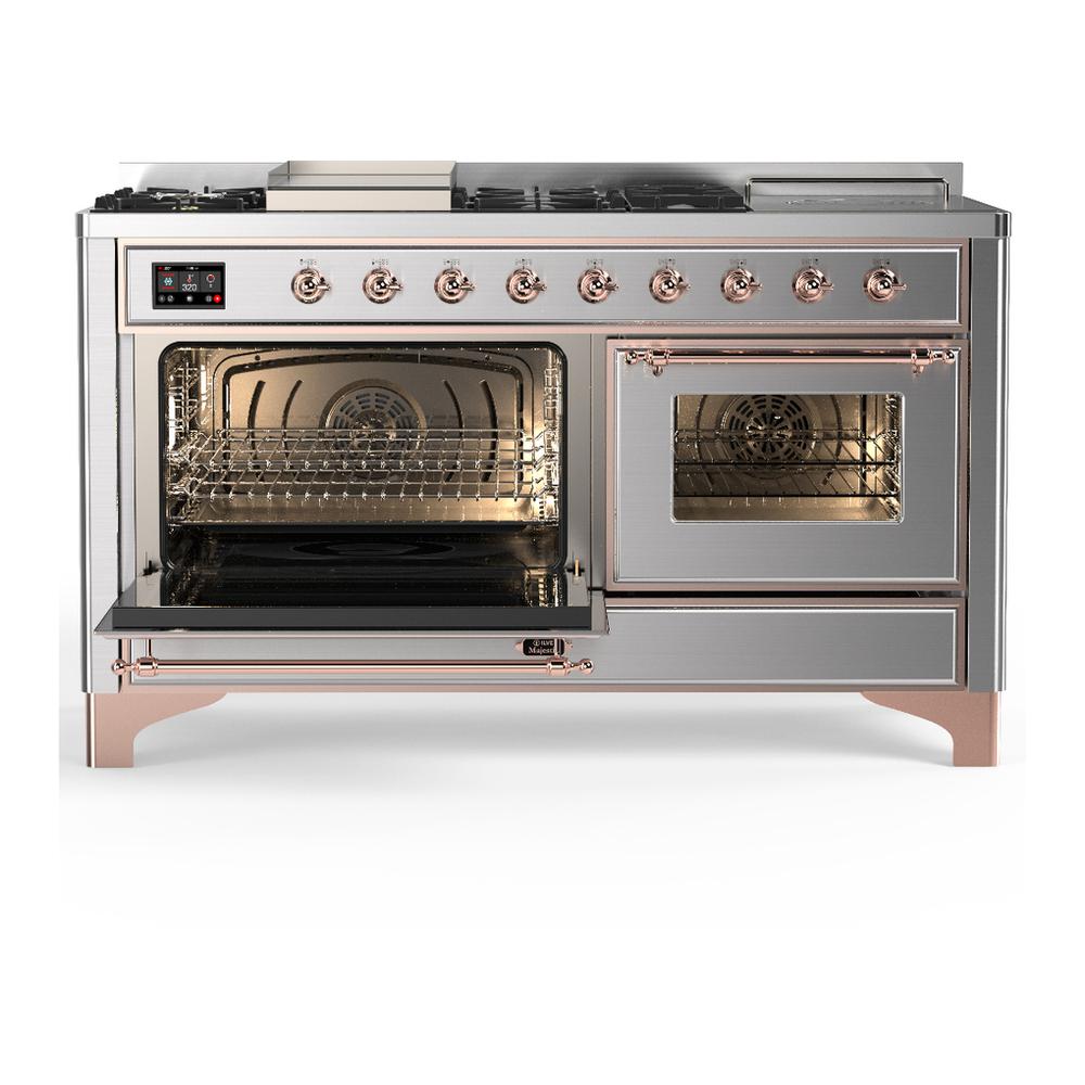ILVE UM60FSNR3SSPLP Majestic III 60 inch Dual Fuel Range with 7 Burners, Griddle and French Top, Dual Function Burner with up to 25,000 BTU (Liquid Propane, Triple Glass Door, Stainless Steel, Copper)