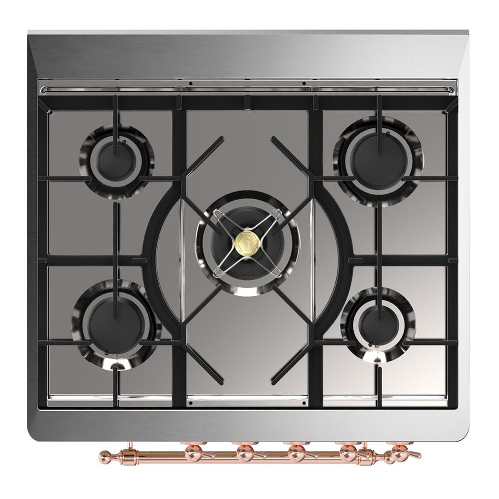 ILVE UM30QNR3BGP Majestic III 30 inch Dual Fuel Range with 5 Black Brass Burners, Dual Function Burner up to 25,000 BTU (Natural Gas, Solid Door, Blue Grey, Copper)
