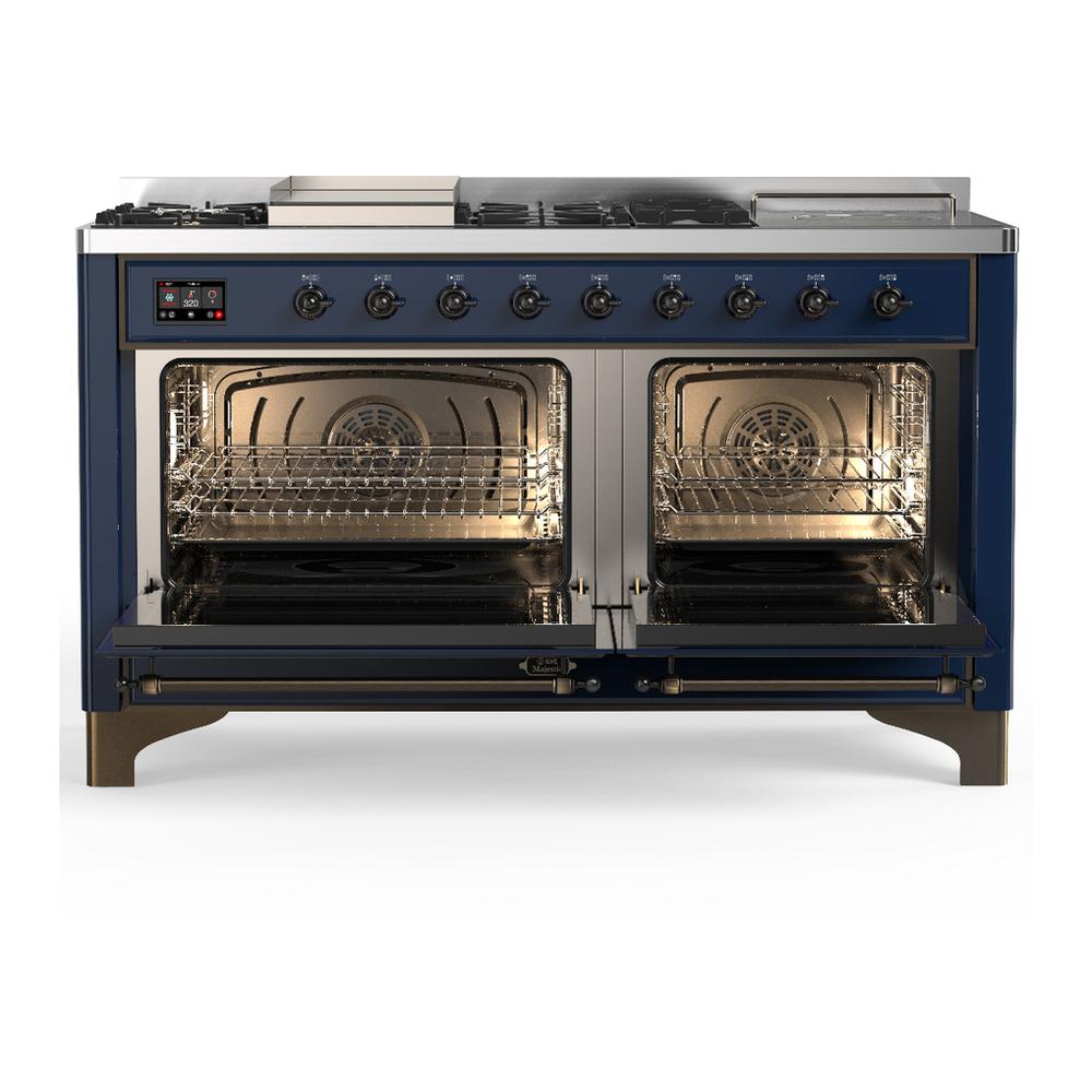 ILVE UM60FSQNR3MBBLP Majestic III 60 inch Dual Fuel Range with 7 Burners, Griddle and French Top, Dual Function Burner with up to 25,000 BTU (Liquid Propane, Solid Door, Midnight Blue, Burnished)
