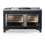 ILVE UM60FSQNR3MBBLP Majestic III 60 inch Dual Fuel Range with 7 Burners, Griddle and French Top, Dual Function Burner with up to 25,000 BTU (Liquid Propane, Solid Door, Midnight Blue, Burnished)